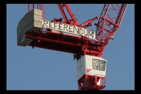 EU referendum protesters scale crane on Parliament Square